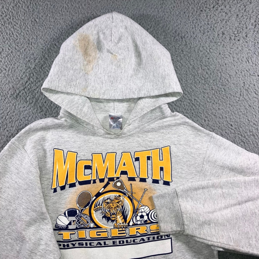 VTG Jerzees McMath Tigers Hoodie S Gray Grunge Graphic Pullover PE Thrashed